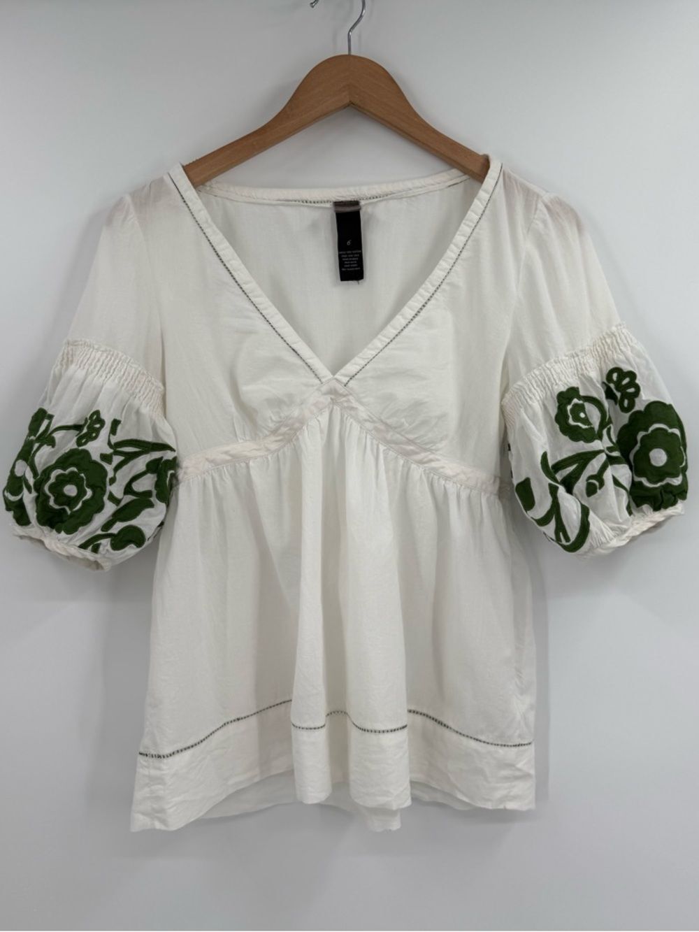 ✦ Anthropologie Lithe Embroidered Balloon Sleeve Cotton Top | White | 6
